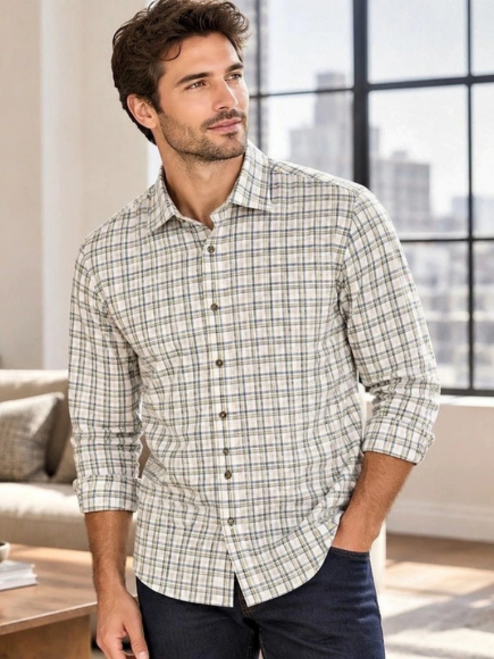 Porter & Ash Men's Plaid Button Down in Blue & White Like New Kinetic Stretch